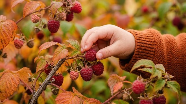 Toddler picking fresh raspberries from bush in autumn garden close-up