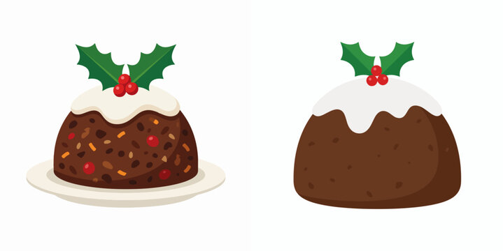 Set of traditional Christmas puddings with holly isolated on white background