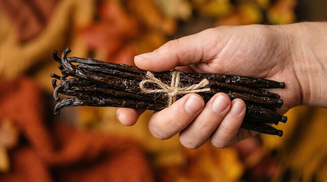 Hand holding a bunch of vanilla beans tied with twine against an autumn background