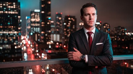 Fototapeta premium Confident Businessman Standing On City Balcony At Night