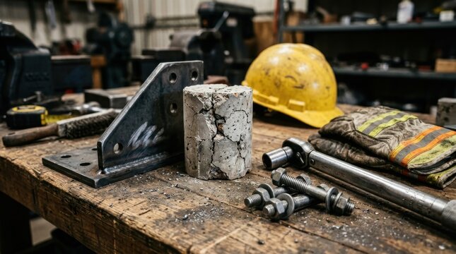Bridge maintenance tools with anchor bolts, steel gusset plate, cracked concrete core, hard hat, and safety gloves