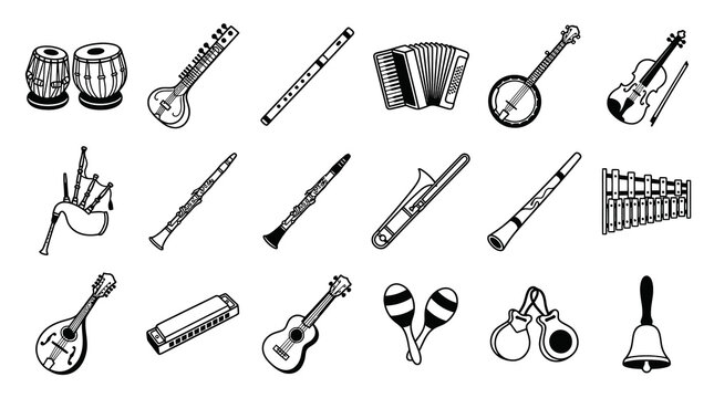 Music Industry Musical Instruments Black and White Line Art Icons Collection Set. Diverse Objects.