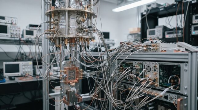 ADC and DAC quantum computing setup with cryogenic electronics, superconducting qubit chip, microwave cabling, and dilution refrigerator hardware.