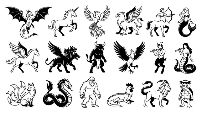 Mythical Creatures and Fantasy Beasts Black and White Line Art Icons Vector