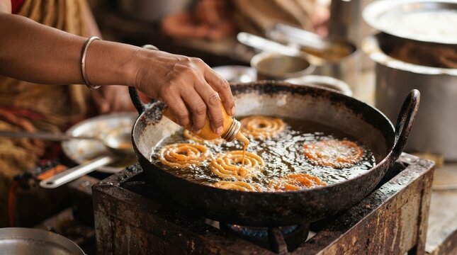 Indian woman street food vendor cooking traditional sweet jalebi in a large deep frying pan with oil