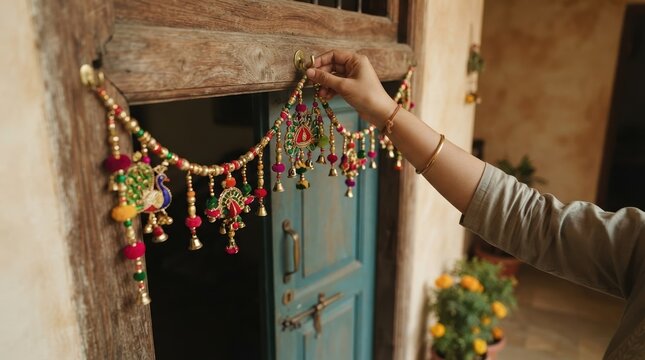 Indian woman hanging traditional toran decoration on wooden doorway for festival celebration