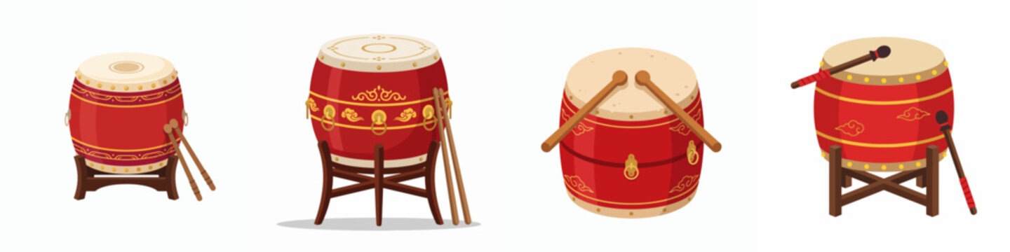 Traditional Chinese red drums on wooden stands vector illustration set