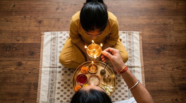 Indian woman performing religious ritual aarti with oil lamps and prayer tray in a traditional ceremony