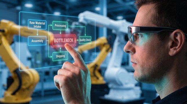 Engineer Using Augmented Reality In Robotic Factory