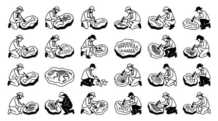 Fototapeta premium Black White Line Art Icons: Paleontology Archaeology Scientists Excavating Fossils Set