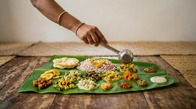Traditional Indian woman serving Kerala Onam Sadya meal on a banana leaf for cultural festival celebration