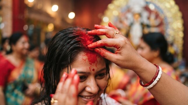 Indian woman receiving sindoor application ritual during religious ceremony festival celebration