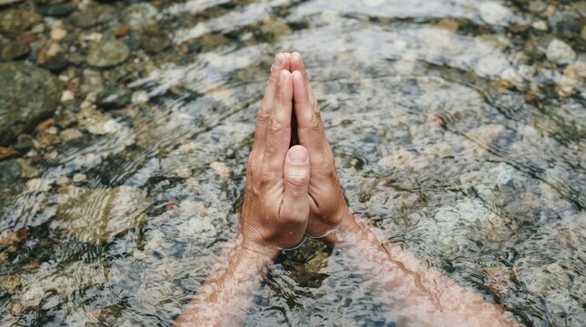 Man hands in prayer pose submerged in clear river water representing spiritual meditation and purification