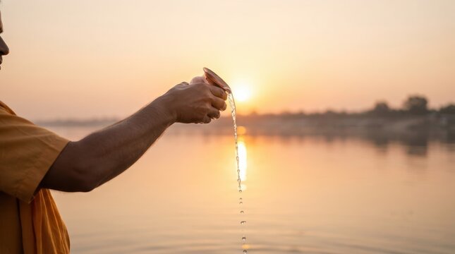 Hindu man offering water from a copper vessel to the sun at sunrise by the river Ganges during prayer