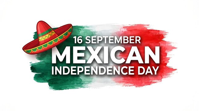Mexican Independence Day banner with 16 September text, vibrant watercolor flag background, traditional sombrero hat on white backdrop
