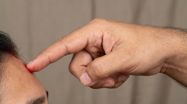 Close up of an adult man applying red powder on forehead of another person during Hindu religious ritual