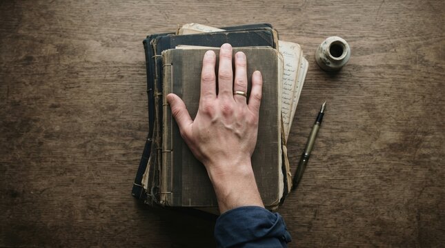 Male hand resting on a stack of antique leather books with pen and inkwell on a wooden desk symbolizing oath or study