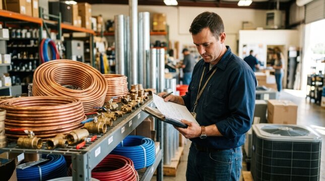 HVAC and plumbing supply showroom with copper coils, brass valves, PEX tubing, threaded fittings, and a condenser unit as a project manager reviews a binder.