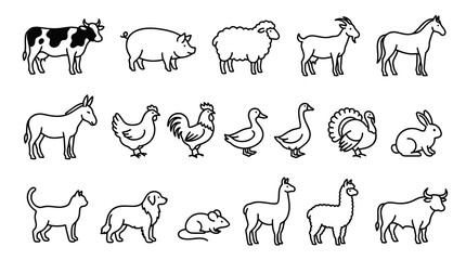 Naklejka premium Farm Animals Line Art Icons - Livestock and Pets Vector Collection