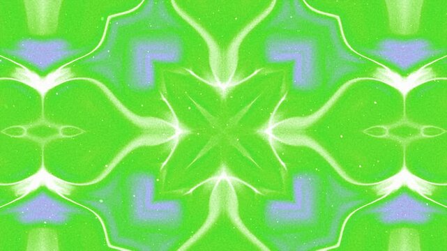 Abstract bright green kaleidoscope pattern with symmetrical flowing light lines.