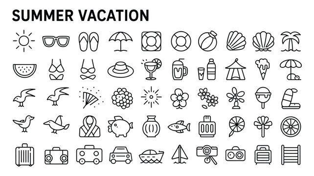Summer Vacation Icon Collection with Travel, Beach, Camping and Holiday Symbols