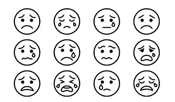 Sad Face Emoticon Minimal Black Line Vector Icon Set
