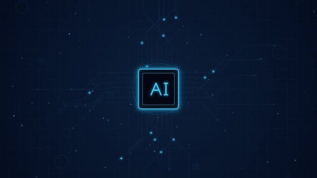 Ai microchip processor technology digital data transfer background video a glowing artificial intelligence symbol centered on a digital circuit board with floating particle connections