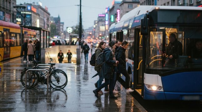 Commuters boarding an electric city bus at a downtown transit interchange with tram stop, subway entrance, bicycle rack, and rain-slick pavement.