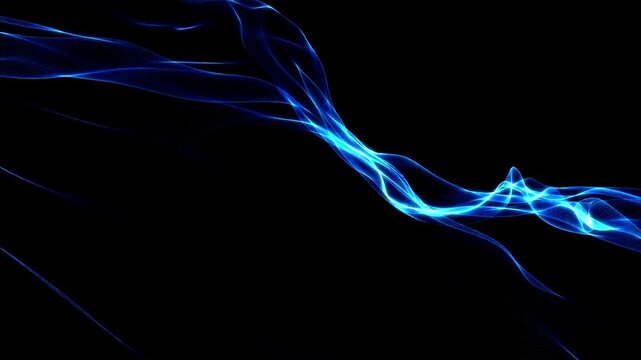 Glowing wave of blue energy light flowing smoothly over wireframe mesh background.