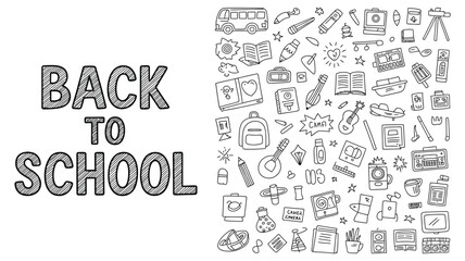 Obraz premium Back to School Typography with Doodle Icons, School Supplies and Education Symbols