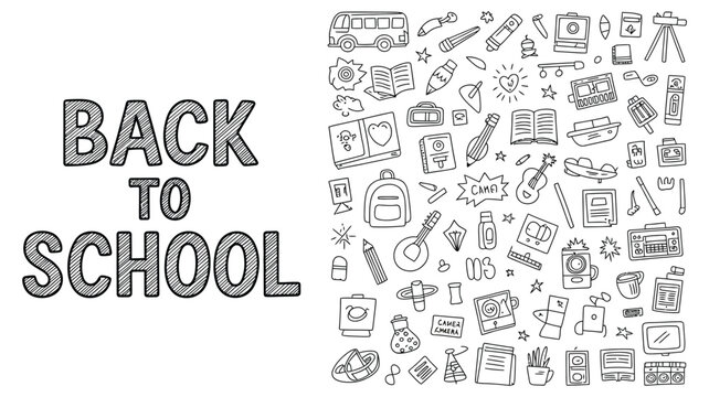 Back to School Typography with Doodle Icons, School Supplies and Education Symbols