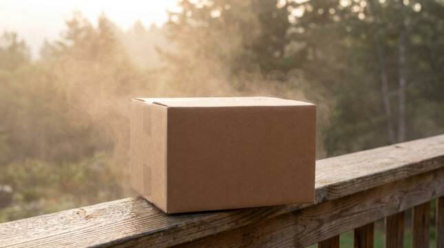 Cardboard package on wooden railing with warm sunlight, same day delivery concept for outdoor shipping and convenient parcel arrival