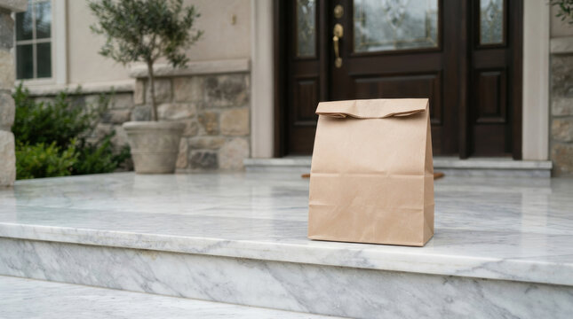 Brown paper bag same day delivery on marble doorstep outside residential entrance