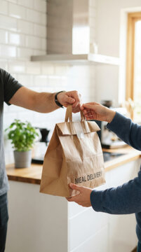 Meal delivery handoff in bright kitchen brings same day convenience and friendly service to customer at home