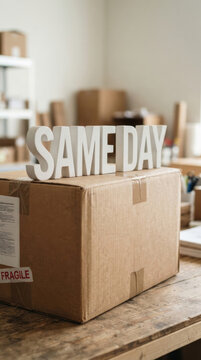 Same day delivery concept with bold lettering on cardboard shipping box in home workspace