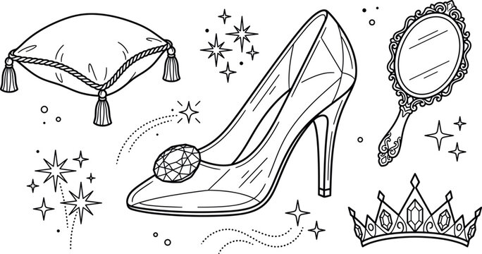 Cinderella glass slipper line art vector set with crystal high heel velvet pillow crown mirror and fairytale elements