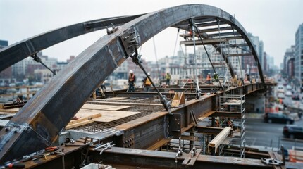 Fototapeta premium Pedestrian bridge construction with steel arch segment, concrete deck formwork, cable clamps, welded girders, and city backdrop.