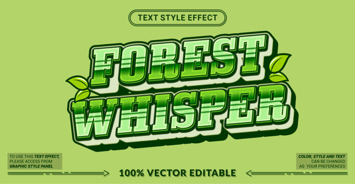Forest Whisper editable text effect vector with bold layered lettering, fresh green tones and nature-inspired details, ideal for outdoor, eco, adventure and organic designs.