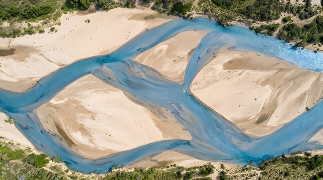 Aerial view of blue braided river winding through sand dunes