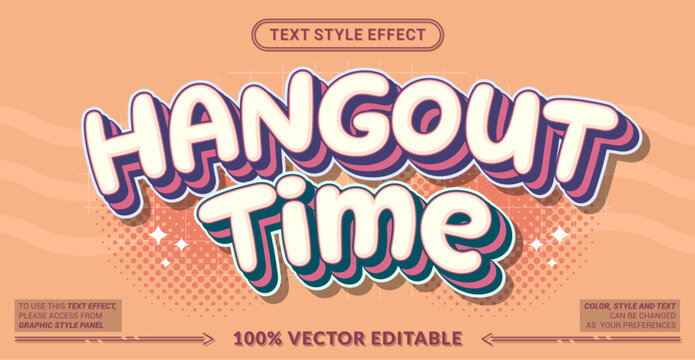 Hangout Time editable text effect vector with playful rounded lettering, soft cream and pink tones, layered shadows and retro style for cafe, social and lifestyle designs.