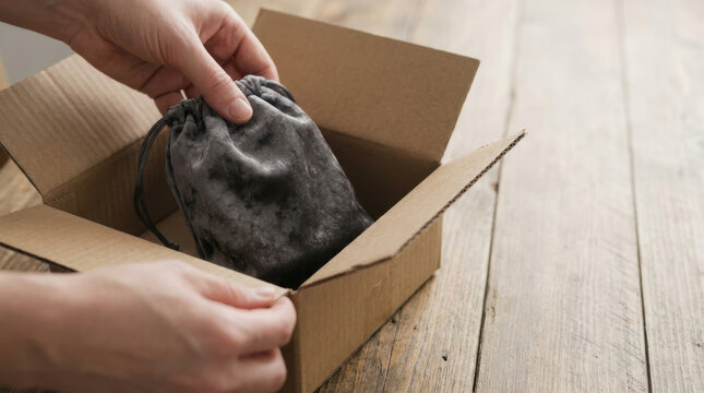 Same day delivery package with hands placing soft fabric pouch inside cardboard box on wooden table
