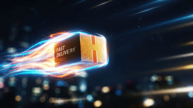 Fast delivery package speeds through dark city night with glowing light trail and urgent same day service concept