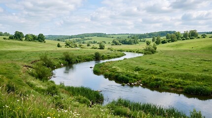 Fototapeta premium Scenic blue river winding through a vibrant green valley landscape