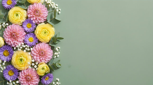 Beautiful floral arrangement of colorful dahlia flowers on a soft sage green background with copy space