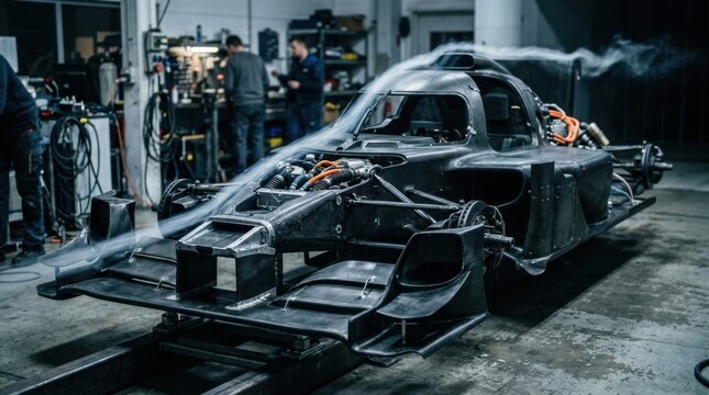 Racecar engineering with a prototype chassis, front wing, hybrid power unit casing, carbon fiber, and wind tunnel smoke trails.