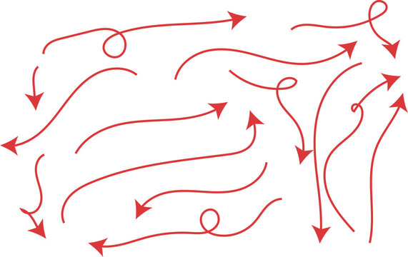 Hand drawn red arrow set, 12 curved and swirly doodle arrows for highlighting, decorative red pointer icons on white background, sketchy direction symbols for presentations and design