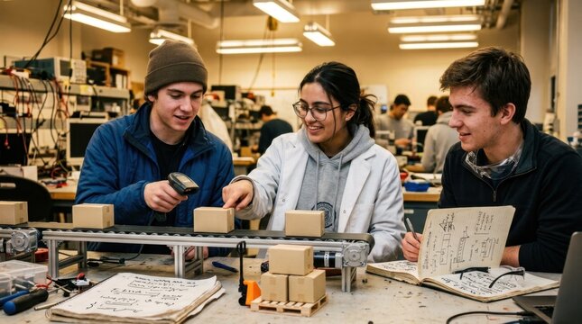 Engineering students reviewing a warehouse conveyor model, barcode scanner, pallet jack, cartons, and notebooks in a campus lab