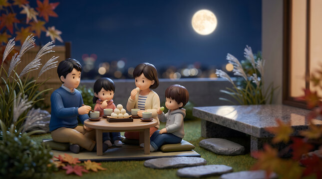 月明かりが照らす庭のちゃぶ台でお茶とお団子を楽しむ仲良し家族の3Dイラスト
