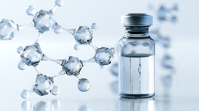 transparent molecular structures floating around a modern pharmaceutical vial, futuristic laboratory equipment,