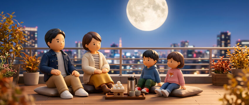 都会のビル夜景が見渡せる屋上テラスで満月とお団子を楽しむ家族の3Dイラスト
